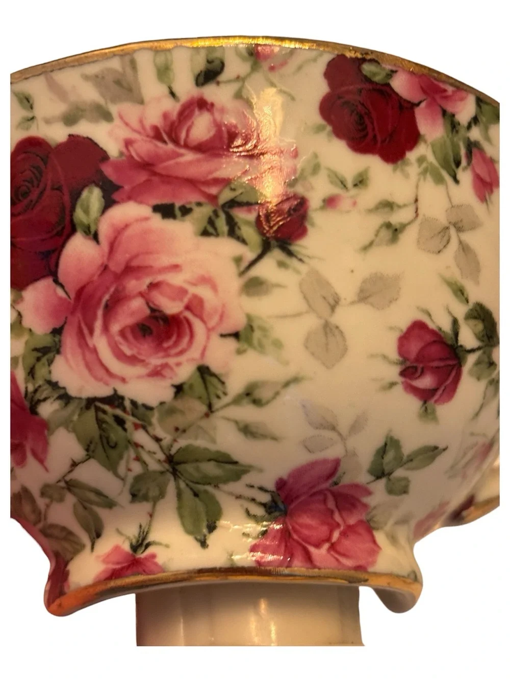 Victorian Rose Chintz Porcelain Teacup Night Light Pink Red Green Floral 4”x 5”
